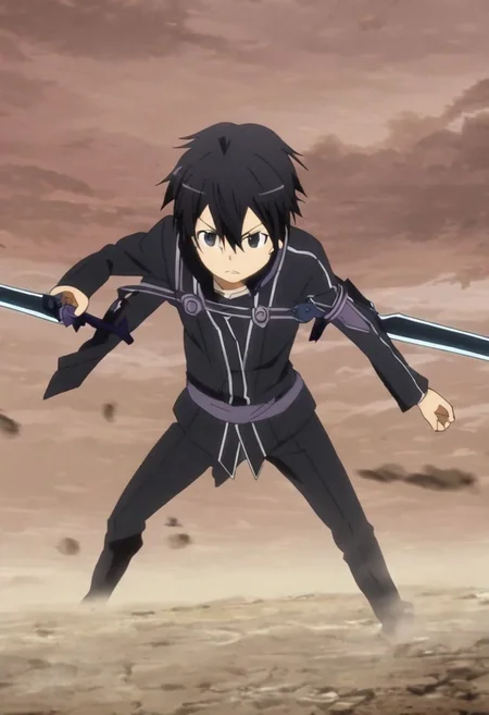 high resolution, solo, best quality, 1Boy, Kazuto Kirigaya, Black Hair, Black Eyes, Dual Sword, Battle, OverallDetail