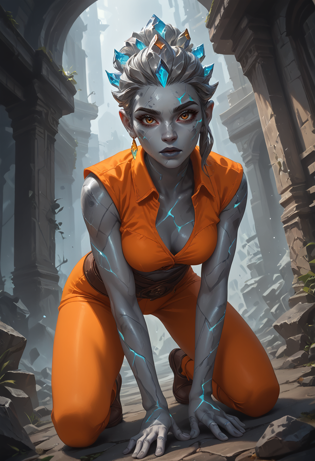 safe_pos, score_9, score_8_up, score_7_up, source_anime, source_western, source_comic BREAK 1girl, solo, earth genasi, crystal hair, brown eyes, stone skin, grey skin, colored skin, toned body, perky breasts BREAK <lora:GenasiEarth:1.0> GenasiEarth, stone skin, grey gems inclusions, gems hair, glowing cracks, colored skin, fantasy BREAK fantasy, (shuddering:1.0),, outside, ruins, all fours, crawling, cyan collared shirt, orange leggings, dark lips BREAK ((dynamic angle)), dramatic lighting BREAK <lora:vivid_everclear:0.4> <lora:RELSM_v1:0.5> <lora:FantasyGPT4VLycoXL:0.6> <lora:FNTS:0.6> FNTS, <lora:Expressive_H:0.6> Expressiveh, <lora:pony_good_hands:0.7> good_hands