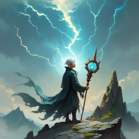 score_9, score_8_up, score_7_up, score_6_up, cartoon, A skilled mage with silver hair and glowing blue eyes stands atop a mountain peak, his staff crackling with arcane energy as he conjures a storm in the sky above., highly detailed <lora:ponys-dream:.9>