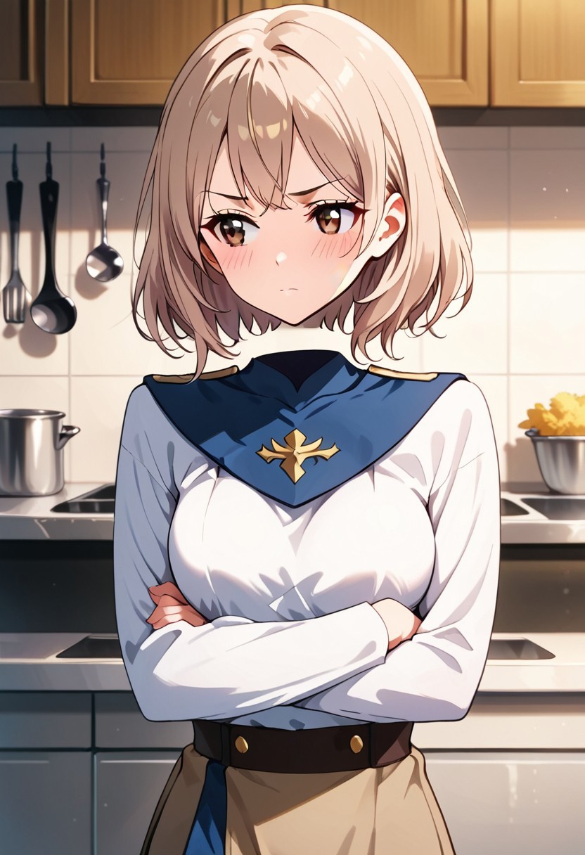 score_9, score_8_up, score_7_up, BREAK
,saatomi, 1girl,brown eyes, beige hair, medium hair,medium breasts,chief uniform,pouting,looking away,crossed hands,blush,kitchen,
disembodied_head_smooth_shoulder