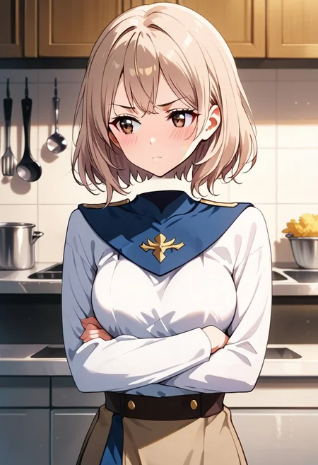 score_9, score_8_up, score_7_up, BREAK
,saatomi, 1girl,brown eyes, beige hair, medium hair,medium breasts,chief uniform,pouting,looking away,crossed hands,blush,kitchen,
disembodied_head_smooth_shoulder