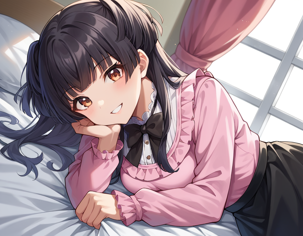 score_9, score_8_up, score_7_up, source_anime,
fuyukomayuzumi, <lora:fuyuko-mayuzumi-ponyxl-lora-nochekaiser:1>,
fuyuko mayuzumi, black hair, brown eyes, long hair, two side up, smile,
black bow, black bowtie, black ribbon, black skirt, bow, bowtie, frilled shirt, frills, jirai kei, long sleeves, neck ribbon, pink shirt, ribbon, shirt, skirt, white shirt,
indoors, bed, bed room, on side,
looking at viewer, dutch angle, cowboy shot,