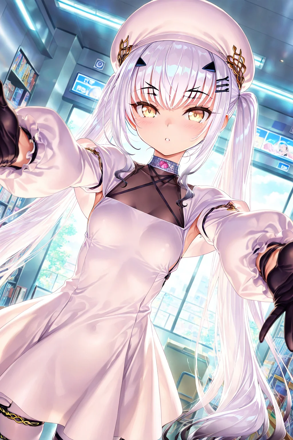 melusine \(Spiritron Dress\) \(fate\),1girl,gloves,black gloves,dress,long hair,white dress,solo,pantyhose,twintails,hat,looking at viewer,white pantyhose,bangs,hair ornament,white hair,hairclip,very long hair,white headwear,yellow eyes,<lora:melusine2 (Spiritron Dress) (fate):0.8>,upper_body,dynamic_angle,indoor,otaku room,station,reaching_out,outstretched_arms,, masterpiece,best quality,amazing quality,