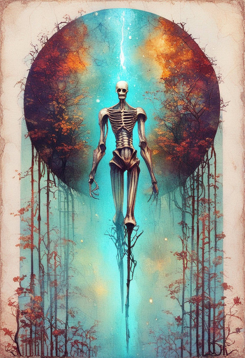 score_9, score_8_up, score_7_up, rating_questionable,score_9, score_8_up, score_7_up, BREAK 
A brave knight, dressed in teal scale armor, confronts a floating, skeletal abomination. The knight’s sword, glowing with an ethereal blue light, contrasts sharply with the desolate, dead landscape around them. The skeletal creature, with three human skulls and a ribcage suspended in mid-air, exudes an aura of death and decay. The background is filled with dark, swirling mists and barren, twisted trees, adding to the foreboding atmosphere. The scene is painted with the rich, textured detail of Michael Whelan’s fantasy illustrations, capturing a moment of high tension and danger.
, the scene is captured in dimly lit dark fantasy but vibrant colors, with bold ink lines defining form against the watercolor wash of the aged paper
(Art Noveau), ArsMJStyle,  <lora:ArsMJStylePony_-_Art_Nouveau-000009:1.5>
