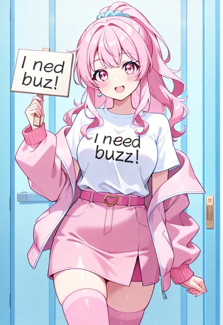 pastel color,32k uhd, (masterpiece:1.2), (best quality:1.2), (very aesthetic:1.2), (absurdres:1.2), (detailed background),newest, 1girl,pink hair, long hair, ponytail, wavy ponytail, pink eyes,looking at viewer, jewelry, white t-shirt, pink jacket, pink skirt, plain skirt, miniskirt, heart t-shirt, smile, open mouth, heart, pink thighhighs, medium breast,need_buzz, holding sign