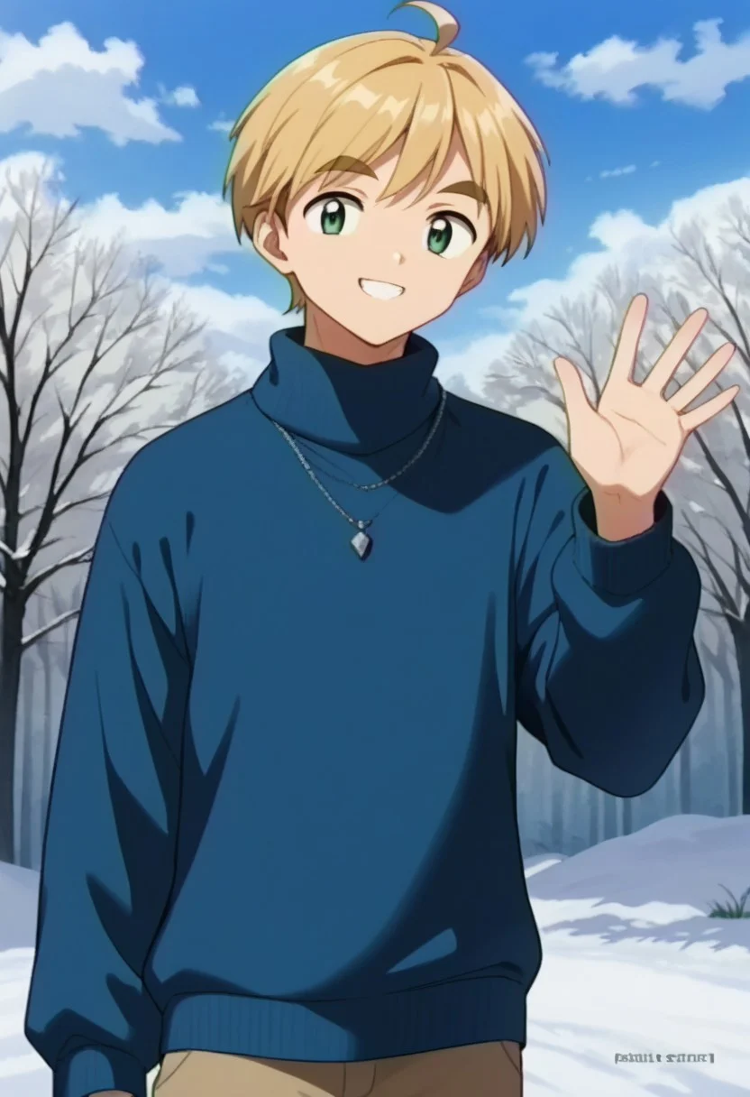 (source_anime, score_9, score_8_up, score_7_up:1), cowboy shot, 1boy, solo, blonde hair, short hair, side swept bangs, ahoge, green eyes, thick eyebrows, smile, waving, looking at viewer, blue sweater, outdoors, snow, trees, sky, clouds