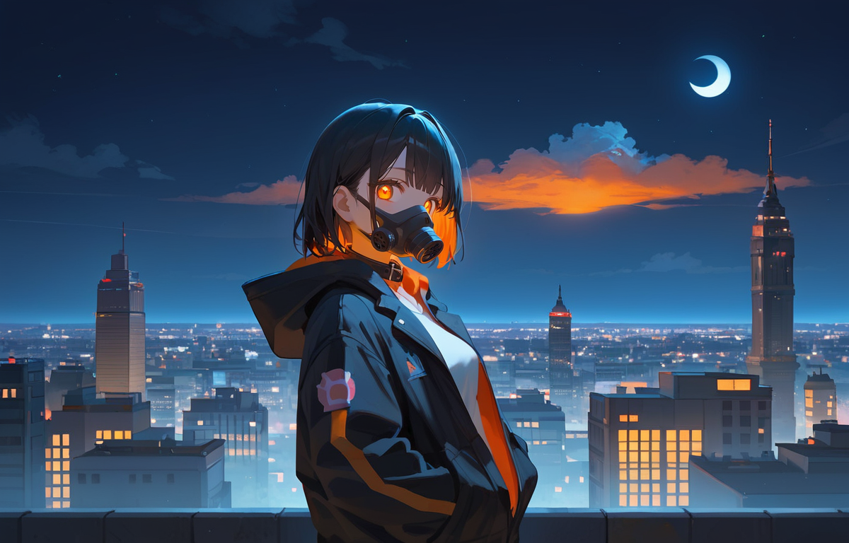score_9, score_8_up, score_7_up, (masterpiece:1.2),(best quality:1.2),
(bloom:1.1), cinematic light, volumetric light, volumetric fog,
(black collar:1.1), short hair, flat bangs, side lock,
(night:1.2), (looking at viewer:1.3), dawn, small moon, sunrise, cloud, outdoor,
standing, center of the screen, 
on roof, (city scape:1.2), cloud, wind blown, 
1 girl, solo, 
multicolored hair, black hair, orange inner hair, (orange pupils:1.2), large breast,
black jacket, hand on pocket, short jeans, oversized jacket, hoodie jacket, open jacket, white shirt, black stocking, navel,
from side, DOF, upper body, wideshot,
glowing eyes,
<lora:ç¼çå:1> 
<lora:shaded_face2_pruned_0:0.8> shaded face,
<lora:eye4:0.9> 
<lora:Ghost_Mask_V2_Gold_Edition:1> mouth mask, gas mask