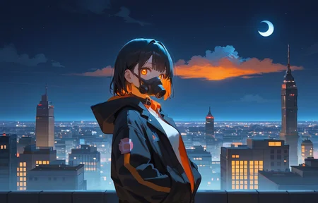 score_9, score_8_up, score_7_up, (masterpiece:1.2),(best quality:1.2),
(bloom:1.1), cinematic light, volumetric light, volumetric fog,
(black collar:1.1), short hair, flat bangs, side lock,
(night:1.2), (looking at viewer:1.3), dawn, small moon, sunrise, cloud, outdoor,
standing, center of the screen,
on roof, (city scape:1.2), cloud, wind blown,
1 girl, solo,
multicolored hair, black hair, orange inner hair, (orange pupils:1.2), large breast,
black jacket, hand on pocket, short jeans, oversized jacket, hoodie jacket, open jacket, white shirt, black stocking, navel,
from side, DOF, upper body, wideshot,
glowing eyes,
<lora:ç¼çå:1>
<lora:shaded_face2_pruned_0:0.8> shaded face,
<lora:eye4:0.9>
<lora:Ghost_Mask_V2_Gold_Edition:1> mouth mask, gas mask
