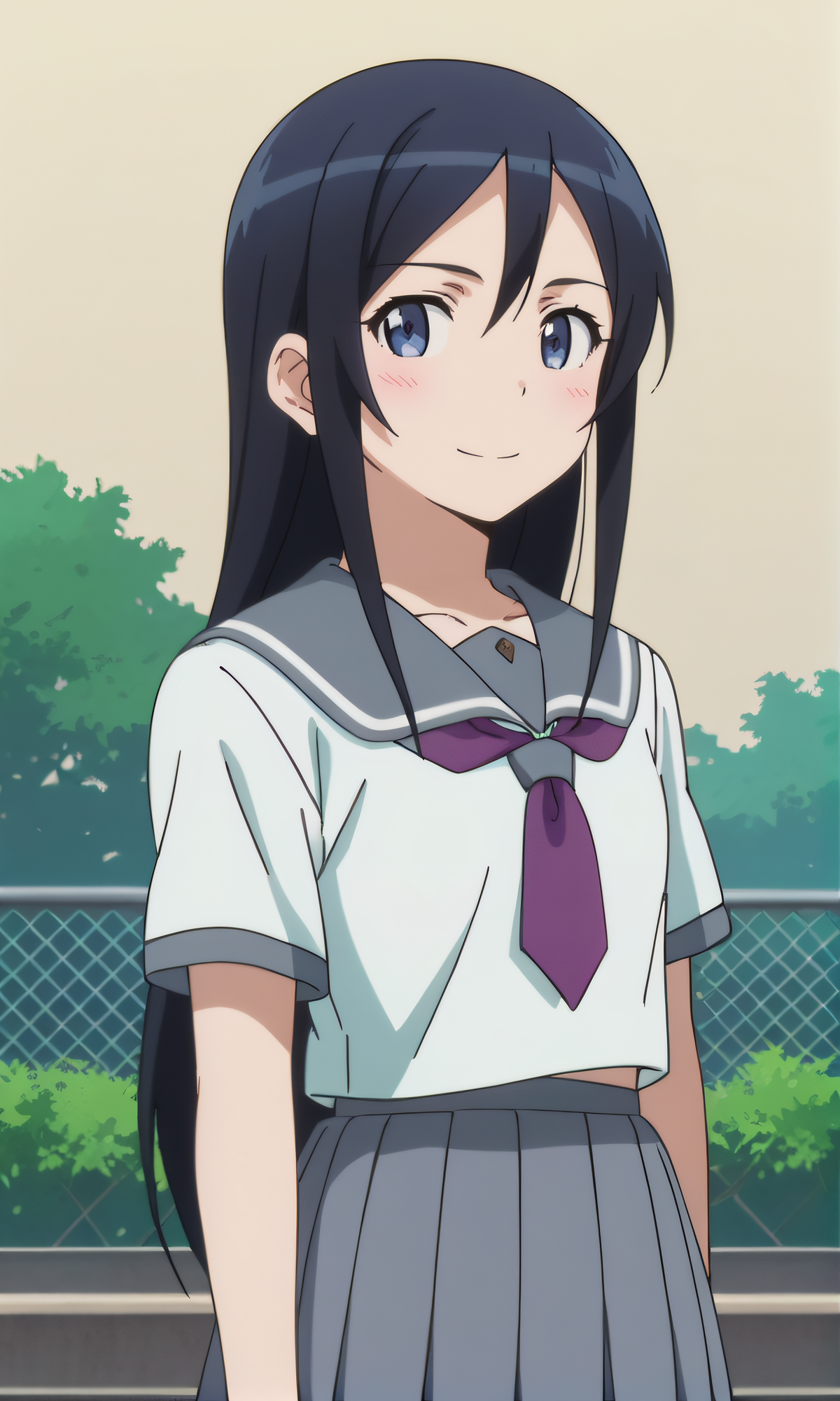 score_9, score_8_up, score_7_up, source_anime, rating_safe, intricate details, anime screencap, official style, anime coloring, 1girl, solo, <lora:Aragaki_Ayase:1>, ayase, long hair, blue eyes, school uniform, white shirt, short sleeves, purple neckerchief, grey skirt, pleated skirt, looking at viewer, smile, outdoor, cowboy shot