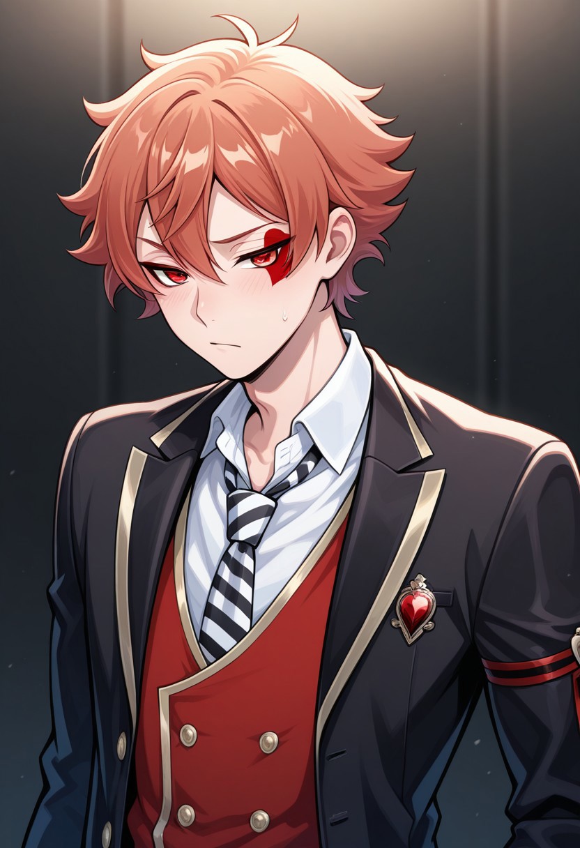 masterpiece,best quality,amazing quality, source_anime, 
acetrappola, 1boy, male focus, solo, red eyes, orange hair, facial tattoo, heart tattoo, school uniform, shirt, white shirt, collared shirt, necktie, striped necktie, black and white necktie, vest, red vest, jacket, blazer, black jacket, open jacket,