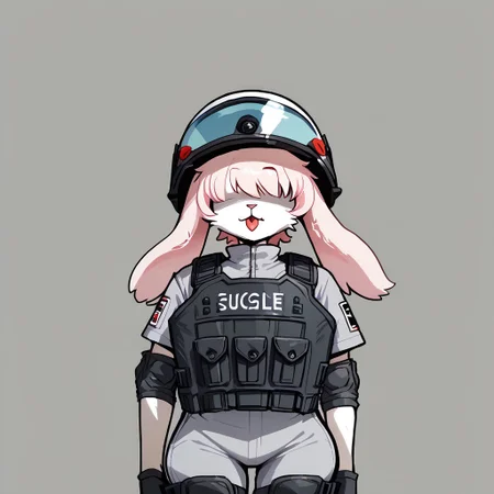 score_9, score_8_up, score_7_up, score_6_up, score_5_up, score_4_up, 2d drawn, detailed face, detailed eyes, BREAK <lora:Mimiga:1> Mimiga, big breasts, thick thighs,wide hips, thick thighs, anthro, rabbit girl, lop ears, pink hair, huge ass, white skin, red eyes, animal nose, short hair, slum background, bulletproof vest, elbow pads, knee pads, thigh holster, boots, holding riot_shield, slums background, slums, swat helmet, swat goggles over eyes, closeup of head, portrait, looking at viewer, tongue out, holding shield, riot shield