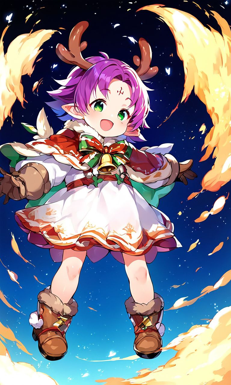 score_9, score_8_up, score_7_up, source_anime, rating_explicit, BREAK  <lora:Fae_Fuuin_no_Tsurugi_XL:1>
fae, 1girl, facial mark, forehead mark, antlers, open mouth, green eyes, child, happy,
wings, solo, purple hair, short hair, dress, pointy ears, long sleeves, reindeer antlers, fur trim, boots, full body, brown gloves, bell, cape, gloves, holding, sky, night,