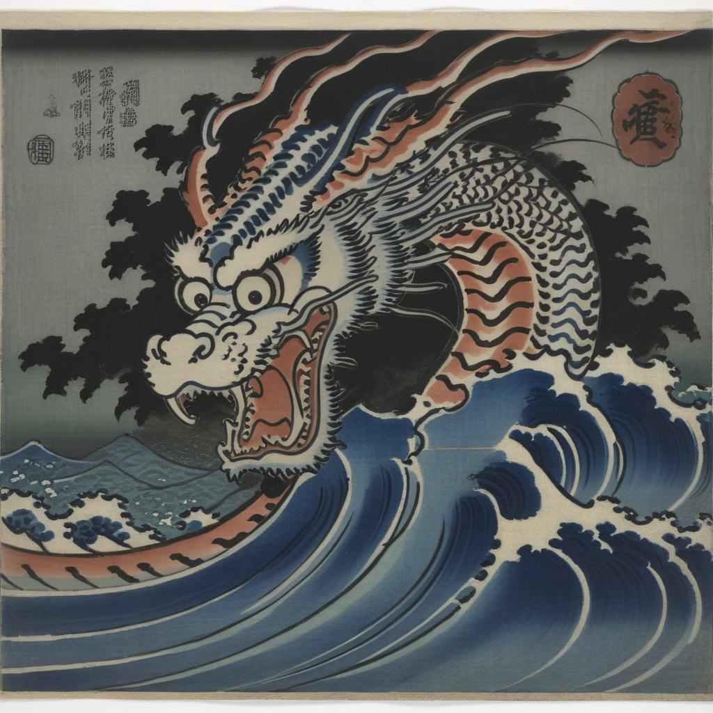 utagawakuniyoshixl, a dragon is attacking a wave in a painting <lora:UtagawaKuniyoshiXL_v1:1>