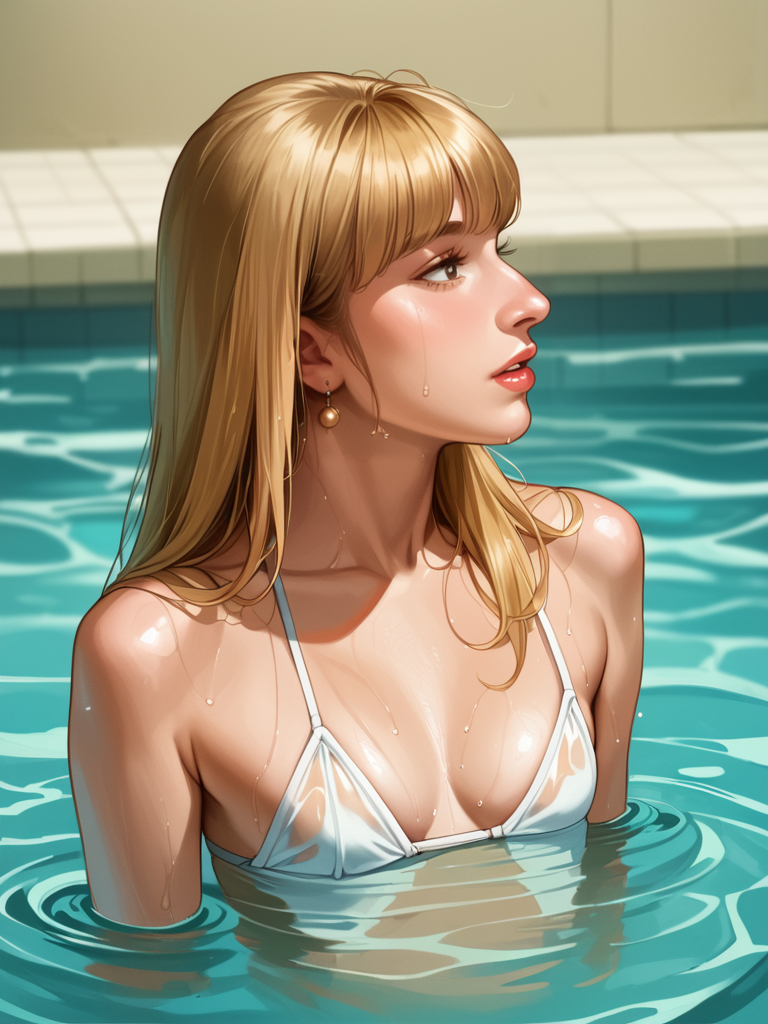 Score_9, score_8_up, score_7_up, analog film, film grain, subsurface scattering, realistic, ((profile)), exposed midriff, bignoselady, pinup girl, retro, <lora:Big_Nose_Ladies:.9>, wet, wet skin, wet clothes, sheer clothes, bignoselady, large nose,aquiline, (nose bump), 1girl, solo, jewelry, small breasts, cleavage, sagging breasts, empty breasts, long breasts, drooping breasts, ornate earrings, blonde hair, long hair, (bangs:1.5), sleek hair, hair whispies, hair ornament, retro motif, micro bikini, white bikini, (parted lips, bow shaped lips, cupids bow, big lips, full lips), gap teeth, moist lips, moist mouth, dewey, glow, emerging from pool, waist deep in water, <lora:sagging-v1.3:.7>