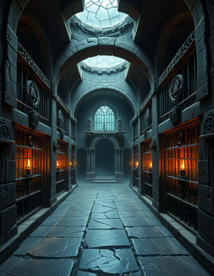 Deep within the necromancerâs fortress lies the Cell Block of the Damned, an endless crypt of imprisonment where no living beings resideâonly echoes of suffering and the restless remains of those long forgotten. The architecture is grotesque and unnatural, a fusion of blackened stone, rusted iron, and calcified bone, as if the walls themselves were formed from the fused remains of the dead. The air is cold, stale, and thick with an unnatural mist that coils like spectral fingers along the cracked floor.
Endless rows of iron-barred cells line the cavernous chamber, their interiors cloaked in unnatural darkness. Some cells contain skeletal figures, shackled in rusted chains, their hollow eye sockets glowing faintly with eerie green or crimson light. Others house shadowy wraiths, their indistinct forms flickering like dying embers, bound by ancient runes etched into the very fabric of the stone. A few cells appear completely empty, yet whispers emanate from withinâechoes of prisoners that no longer exist, but whose agony remains imprinted upon reality itself.
The walls pulse faintly, veins of necrotic energy coursing through their surface, feeding upon the despair and suffering trapped within. Chains dangle from the ceiling, some still swinging slightly as if disturbed by unseen forces. Along the floor, pools of black ichor seep from cracks in the stone, shifting unnaturally as if alive, swallowing anything that lingers too long.
At the heart of the chamber stands a monolithic iron cage, its bars twisted and gnarled, as though shaped by something with no regard for natural law. Inside, a shifting mass of bone, spectral energy, and dark mist writhes in eternal torment, its presence a gravitational wound in reality itself. The cage hums with an ominous resonance, its locks sealed with infernal sigils that glow with unholy fire, ensuring that whatever lurks within remains containedâfor now.
Above, an ancient stone archway looms, inscribed with ever-changing runes that bleed a slow, black liquid. Beyond it, the corridor stretches endlessly, shrouded in a choking fog where shapes move in the distance, watching, waiting. No footsteps ever echo in this place. No voices call out. Only the whispers of the forgotten, the endless creaking of rusted metal, and the sensation that somethingâsomething old, something hungryâis always watching.
This is not a prison.
It is a tomb for souls, a place where the dead are left to fester, to wither, and to become something else.
Style & Mood :
- Dark fantasy, gothic horror, necromantic aesthetics
- Cinematic, highly detailed, eerie lighting
- Infernal atmosphere, filled with shadows, glowing runes, and spectral entities
- Inspired by the works of ZdzisÅaw BeksiÅski, H.R. Giger, and dark medieval occultism
 <lora:SDXLFaeTastic2400:0.4> <lora:extremely_detailed:0.4> extremely detailed,<lora:necromancer_c3ll_bl0ck:1>,necromancer c3ll bl0ck, Masterpiece,best quality,hi res,8k,hi res,8k,award winning,(sharp focus, intricate, highly detailed),