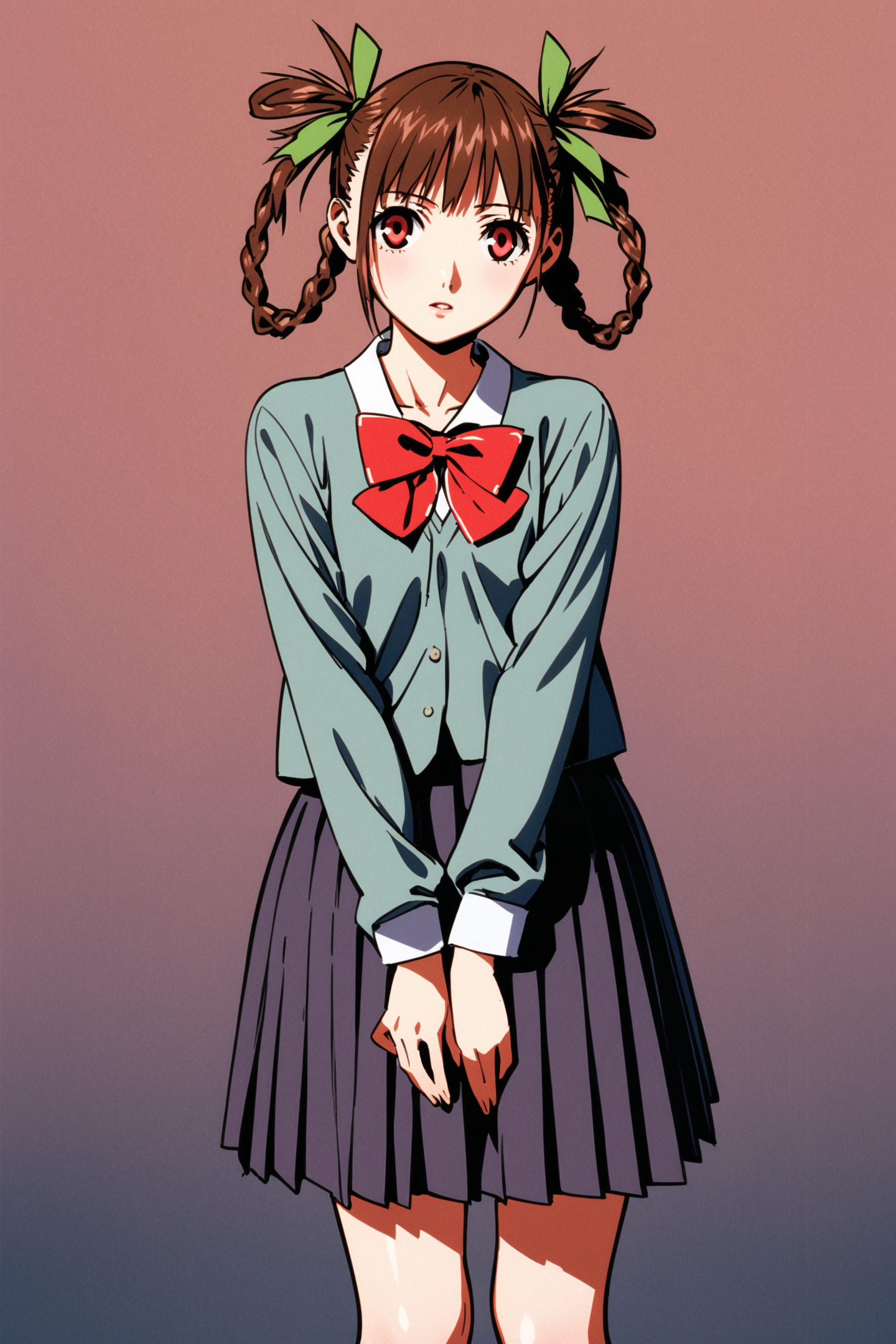 Sawa,school uniform,braid,brown hair,skirt,1girl,red eyes,red bow,braided hair rings,green ribbon,solo,pleated skirt,v arms,twin braids,looking at viewer,hair rings,<lora:Yasuomi Umetsu_XL:0.8>,