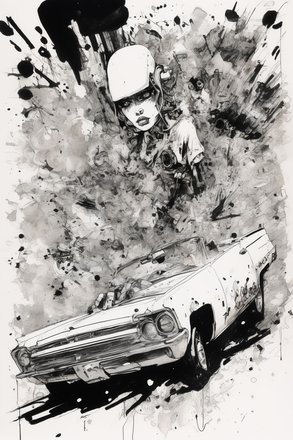 Jim Mahfood Style - black and white pen, ink and rough splatter illustration by Ralph Steadman, Hayao Miyazaki, of closeup on face of a lunatic, female drug-addled robot extremist driving a 1960s convertible through Las Vegas circa 1970 being attacked by robot drones from hell, extreme dramatic diagonal angles.