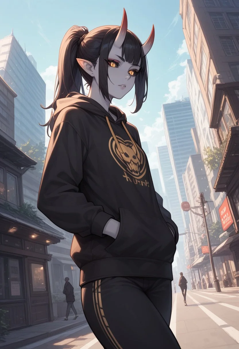 score_9, score_8_up, score_7_up, score_6_up, rating_questionable, 1girl, Polly, PollyRH, oni horns, pointy ears, colored sclera, third eye, black sclera, slit pupils, grey skin, long black hair, ponytail, gold eyes, HD32k, dynamic pose, aesthetic, perspective, solo, detailed, sensual look, walking, black print hoodie, pants, city, angle shot, hands on pockets, looking away, pensive