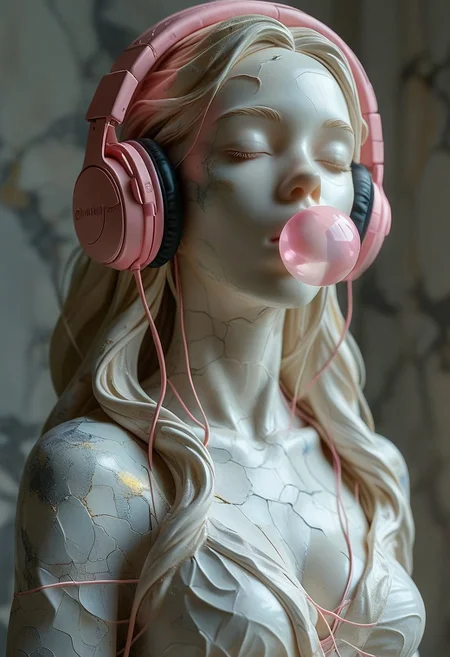 score_9, score_8_up, score_7_up, score_6_up, sclpt, sculpture style, 1girl, headphones, solo, long hair, chewing gum, bubble blowing, breasts, closed eyes, colored skin, blonde hair, crack, medium breasts, cleavage, cable, collarbone, marble skin