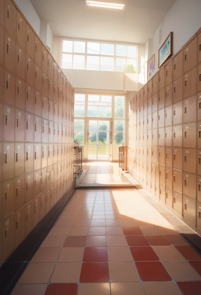 score_9, score_8_up, score_7_up, rating_safe, masterpiece, best quality, absurdres, unity 8k wallpaper, official art, official style, source_anime, uncensored, game cg, megami magazine,
getabako, scenery, locker, indoors, school, window, hallway, ceiling light, sunlight, ceiling, tiles, reflective floor, tile floor, door
 <lora:gakkou_getabako_PONY_V1:1>