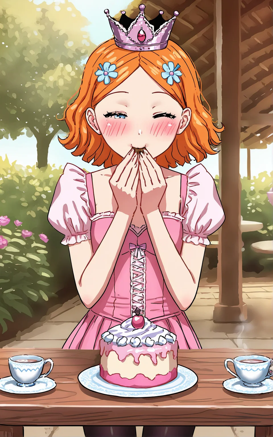 score_9_up, source_cartoon, suzieq, 1girl,  orange hair, solo. hair ornament, flower, hair flower, short hair, blue eyes,heterochromia,  hairclip,queen outfit. crown.  table. tea cups. cake. eating. happy.  leggings. garden. closed eyes. blush.