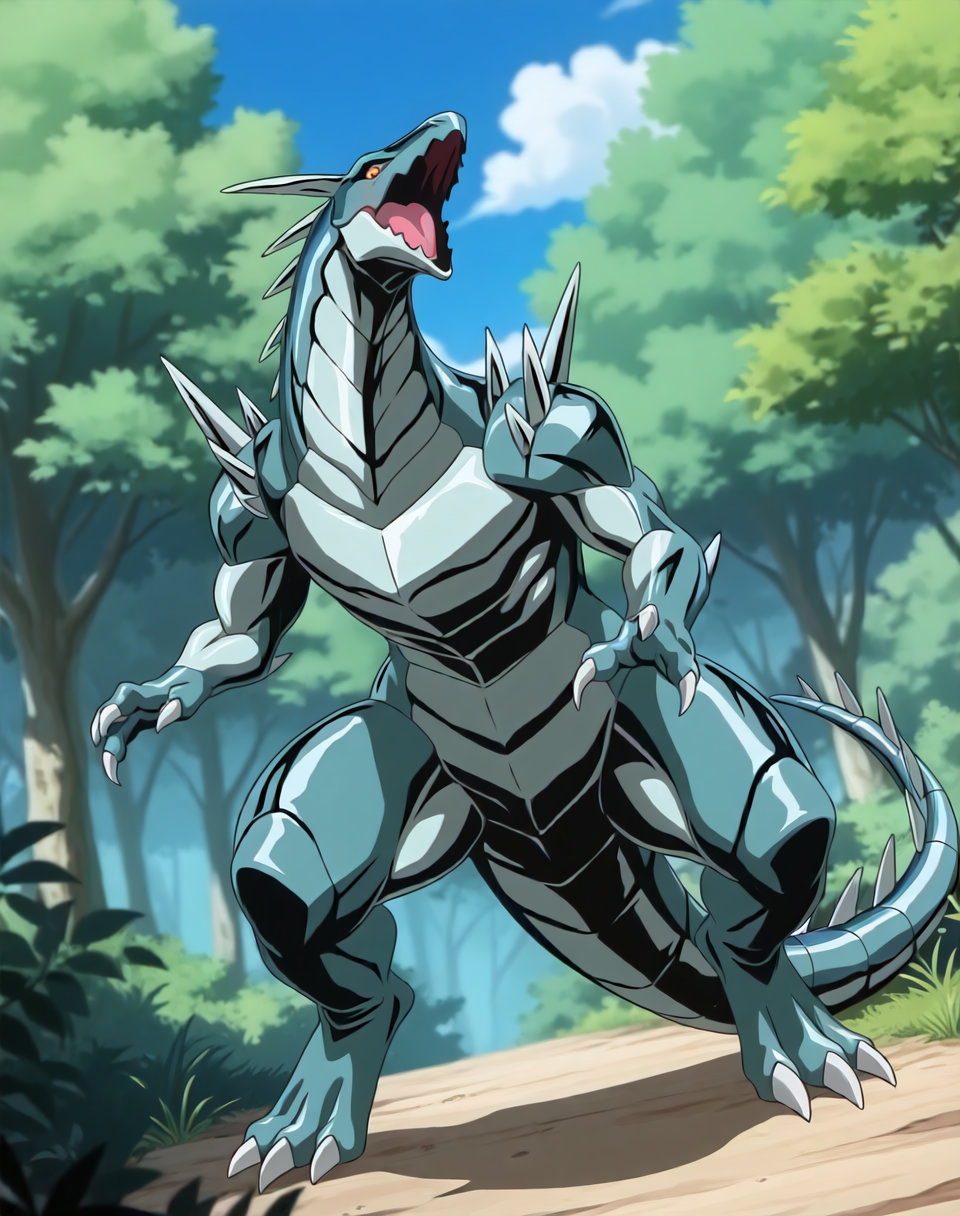 <lora:Metallisaur_(Shinzo)_(Illustrious)_(AD):1.35> Metallisaur, monster, Shinzo, 
((
exterior, vivid anime blue sky with detailed clouds, forest, 
dynamic action, monster, tail, thick thighs, thick body, male focus, ridged front body, ridged stomach, ridged chest, ridged neck, made of metal, end boss, unstoppable, strong, glossy metal body, rawr, 
)), 
BREAK: very awe, aesthetically pleasing, masterpiece, best quality, amazing quality, very aesthetic, perfect depth of field shot, 
masterpiece, best quality, amazing quality, very aesthetic, high resolution, ultra-detailed, absurdres, newest, scenery, {Prompt}, BREAK, detailed background, detailed hair, depth of field, volumetric lighting, 
BREAK: lazympos, lazypos (3),