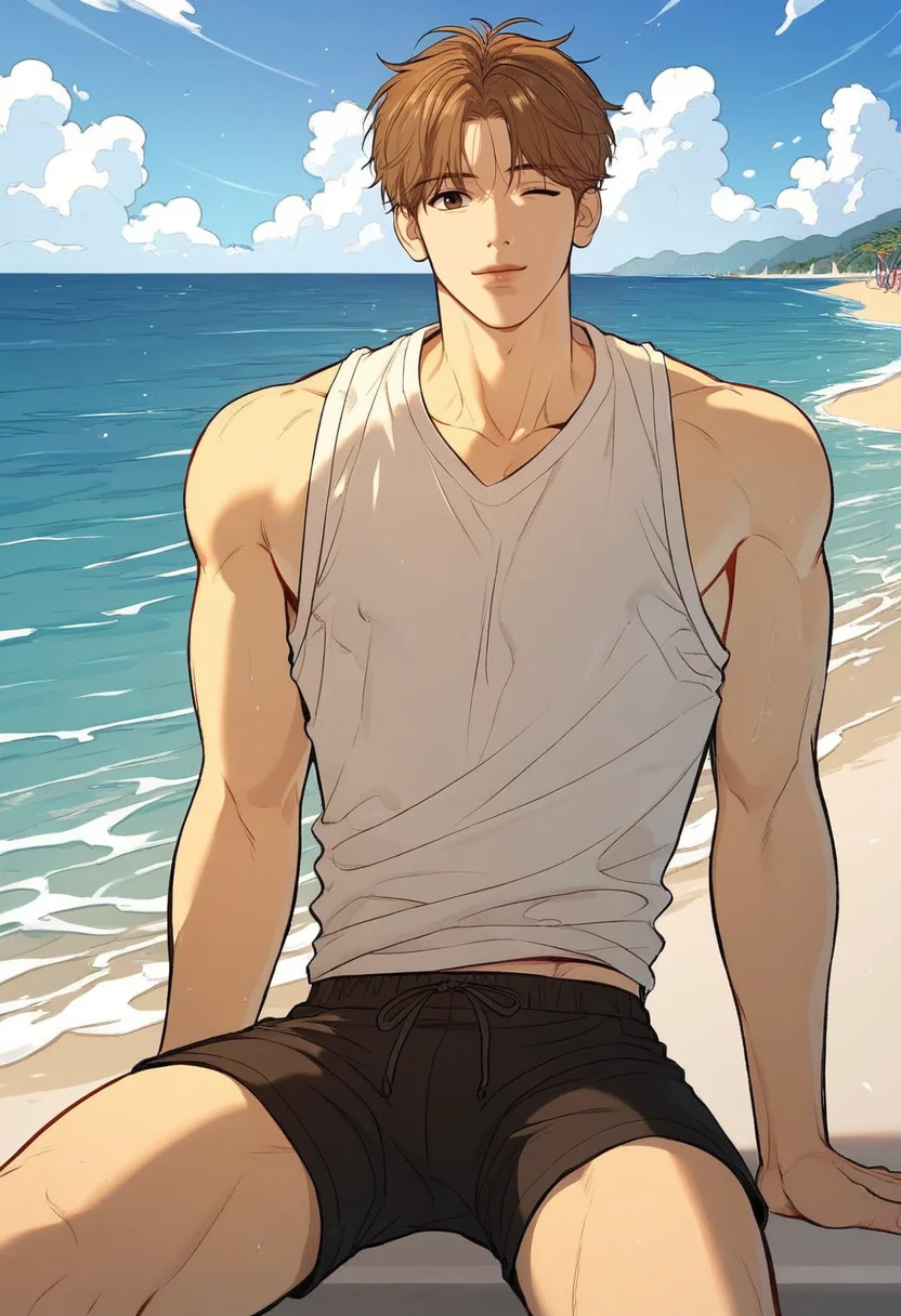 score_9,score_8_up,score_7_up,1boy,solo,male focus,yaoi,bara,male focus,fairly nsfw,uncersored,highres,best quality,amazing quality,best aesthetic,absurdres,<lora:add-detail-xl:1>,sleeveless_shirt,white shirt,looking at viewer,wink,one eye closed,beach,sitting,leaning back,cowboy shot,wink,<lora:Expressive_H:1>,Expressiveh,<lora:Dan:0.7>,dan,brown hair,brown eyes,