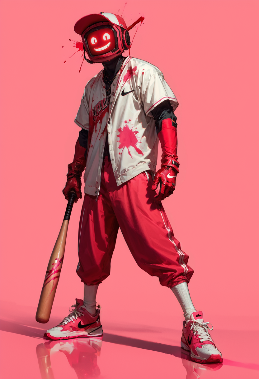 (score_9, score_8_up), score_7_up, 1boy, solo, simple background, bright pink ground, glowing, urban street wear, baseball bat, baggy clothing, nike shoes, over sized gloves, red gloves, screenface, screen head, simple face, smile, looking at viewer, blood splatter, blood <lora:Screen_Face:0.7>