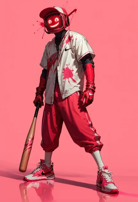 (score_9, score_8_up), score_7_up, 1boy, solo, simple background, bright pink ground, glowing, urban street wear, baseball bat, baggy clothing, nike shoes, over sized gloves, red gloves, screenface, screen head, simple face, smile, looking at viewer, blood splatter, blood <lora:Screen_Face:0.7>