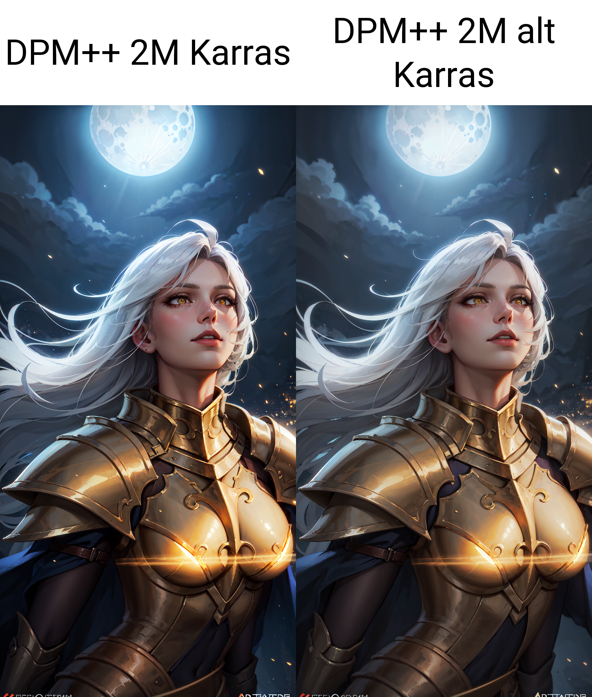 1girl, upper body of beautiful paladin in golden armor, moon on sky, looking up, windblown white hair, glowing yellow eyes, night, particles, volumetric lighting, best quality, masterpiece, very detailed, trending on Artstation, realistic