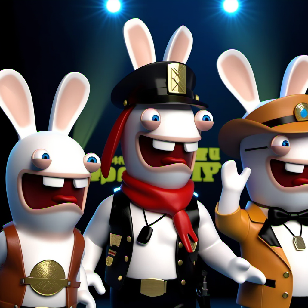 a rabbit dressed as a cowboy, a rabbit dressed as a indian, a rabbit dressed with a latex cap,  a rabbit dressed with a hardhat, a rabbit dressed as a cop,  like the village people band, highly detailed, photography, ultra sharp, film, professional, 64k  <lora:LapinsCrétins1024-000175:0.8> <lora:add-detail-xl:1.5>