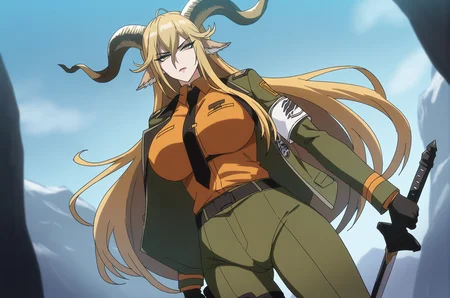 degenbrecher (arknights),1girl,animal ears,armband,black necktie,blonde hair,breasts,brown horns,goat ears,goat girl,goat horns,green pants,holding,holding sword,holding weapon,horns,jacket,kjerag logo,long hair,military jacket,mountain,necktie,orange shirt,pants,shirt,sword,weapon,white armband,
<lora:taimanin_anime_style:1>,taimanin_anime_style,masterpiece,best quality,cowboy shot,mature female,dutch angle,curvy,thicc thighs,cleft of venus,venus body,