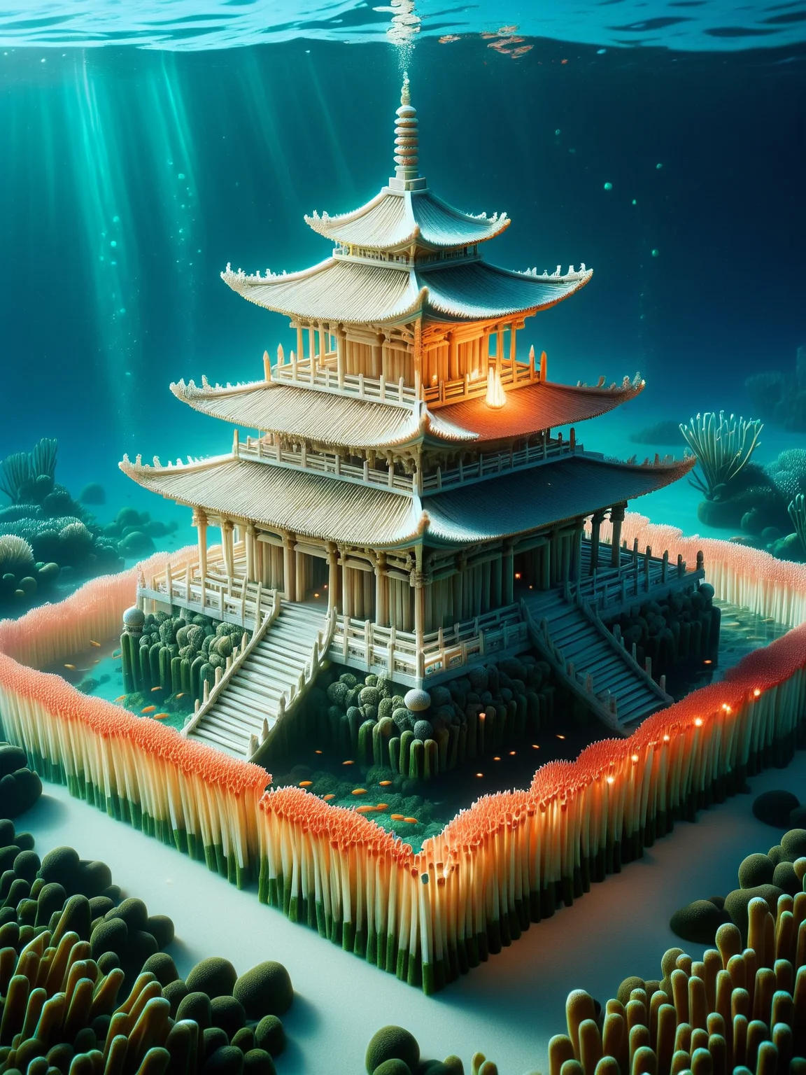 A serene underwater ais-matches temple, its coral walls and seaweed tendrils delicately made from ais-matches, bathed in the ethereal glow of bioluminescent plankton <lora:Matches_Style_SDXL:1>