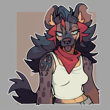 score_9_up, score_8_up, score_7_up, score_6_up, half-length portrait, black hair, multicolored hair, medium breasts, furry female, red eyes, female, furry, hyena, looking at viewer, white tank top, shoulder tattoo, long hair, markings, red neckerchief, shorts, midriff, tail, brown body, solo, narrowed eyes, blep, tongue out, three-quarter view, head tilt, simple background, white outline,