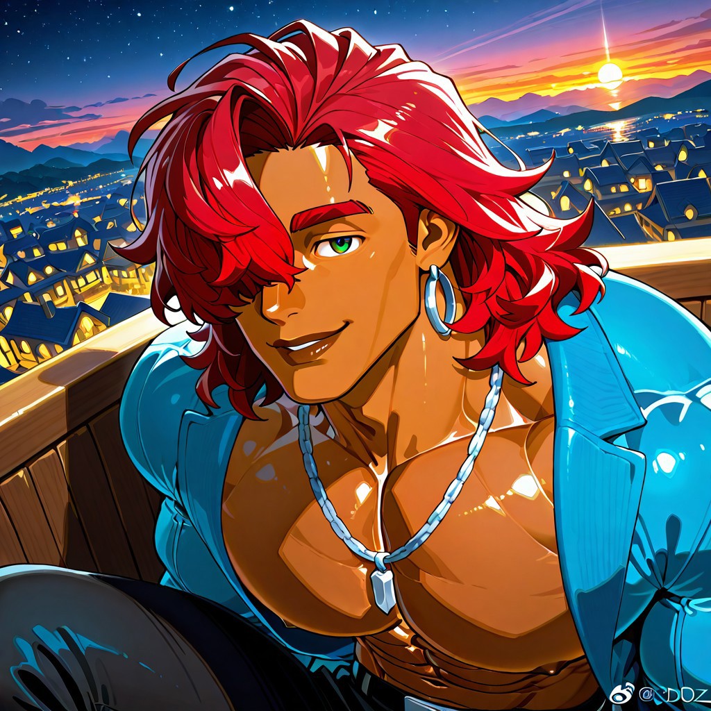 1male focus, Diz_D00dz, 1man focus, masterpiece, best quality, absurdres, newest, perfect quality, best quality, intricate details, (muscular submissive male), (((detailed face))), adams apple, ((((detailed eyes)))), (small waist), bara, abs, ((((muscular male)))), (((((masculine face))))), male focus, solo,Sieger, ((green eyes)), bright green eyes, dark skin male, dark skin, dark-skinned male, (hair over one eye), (hair covering one eye) earring, silver earring, silver hoop earring, ,full lips, brown lips,1boy, ((wavy hair)), medium hair, red hair, shoulder length hair,abs, {{bara}}, big ass, huge pecs, small waist, beefcake, muscular thighs, huge biceps, happy, seductive, seductive gaze, ((pleased look on face)), sunset, colorful lighting, 1boy, stars, environment, town, fantasy environment, dynamic lighting, volumetric lighting, Diz_D00dz,looking at viewer, blue jacket, close up, open jacket, shirtless, black pants, silver necklace, (artist:fl \(l-fl\):0.7), (artist:tooboshoo:0.7), (artist:dizdoodz:0.8)