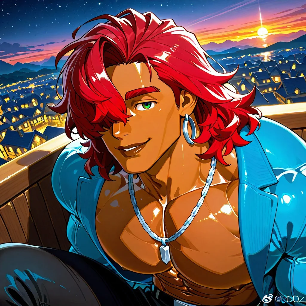1male focus, Diz_D00dz, 1man focus, masterpiece, best quality, absurdres, newest, perfect quality, best quality, intricate details, (muscular submissive male), (((detailed face))), adams apple, ((((detailed eyes)))), (small waist), bara, abs, ((((muscular male)))), (((((masculine face))))), male focus, solo,Sieger, ((green eyes)), bright green eyes, dark skin male, dark skin, dark-skinned male, (hair over one eye), (hair covering one eye) earring, silver earring, silver hoop earring, ,full lips, brown lips,1boy, ((wavy hair)), medium hair, red hair, shoulder length hair,abs, {{bara}}, big ass, huge pecs, small waist, beefcake, muscular thighs, huge biceps, happy, seductive, seductive gaze, ((pleased look on face)), sunset, colorful lighting, 1boy, stars, environment, town, fantasy environment, dynamic lighting, volumetric lighting, Diz_D00dz,looking at viewer, blue jacket, close up, open jacket, shirtless, black pants, silver necklace, (artist:fl \(l-fl\):0.7), (artist:tooboshoo:0.7), (artist:dizdoodz:0.8)