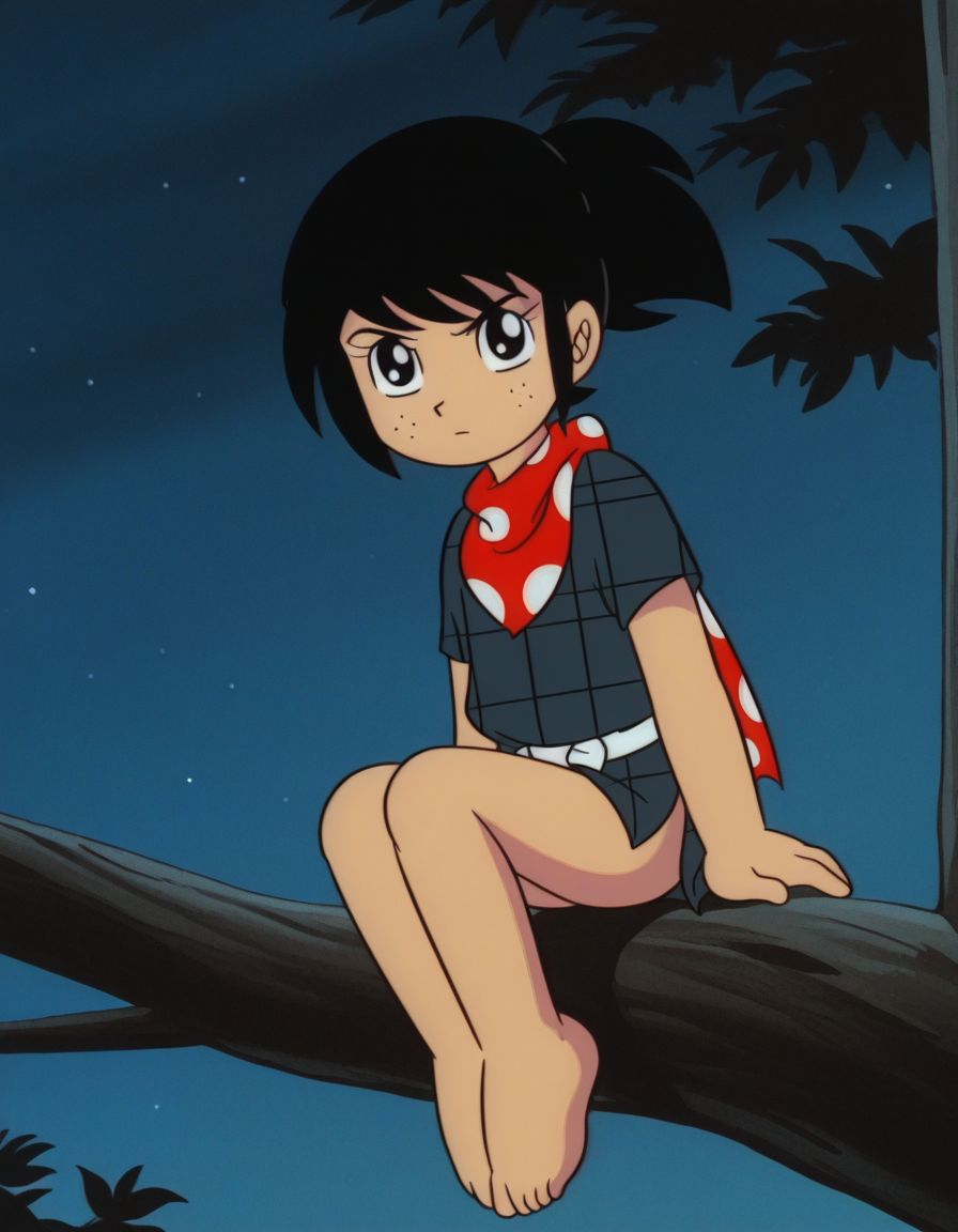 masterpiece, best quality, 1boy, anime screencap, anime coloring, male focus, ninja, sitting on tree branch, barefoot, solo, thighs together, 
, (night, dark, shadow),
<lora:Saskk10:1>, saskk, black hair, black eyes, freckles, scarf, ponytail, male child, retro artstyle, style parody,