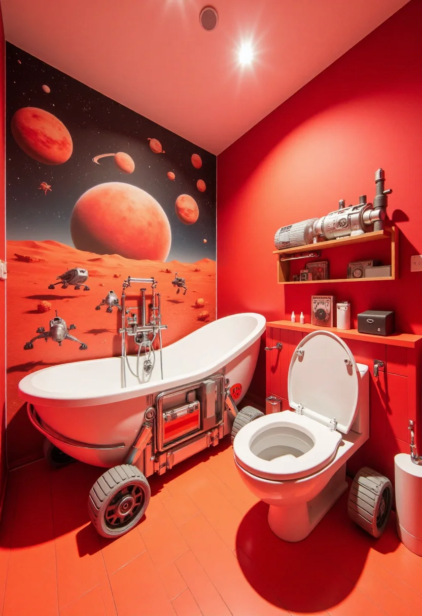 <lora:Custom_Bathroom_Crafter_FLUX-000013:0.8>
This is a photograph of a modern, Mars themed bathroom, with red details, spaceship shaped bathtub, and Mars Rover toilet.