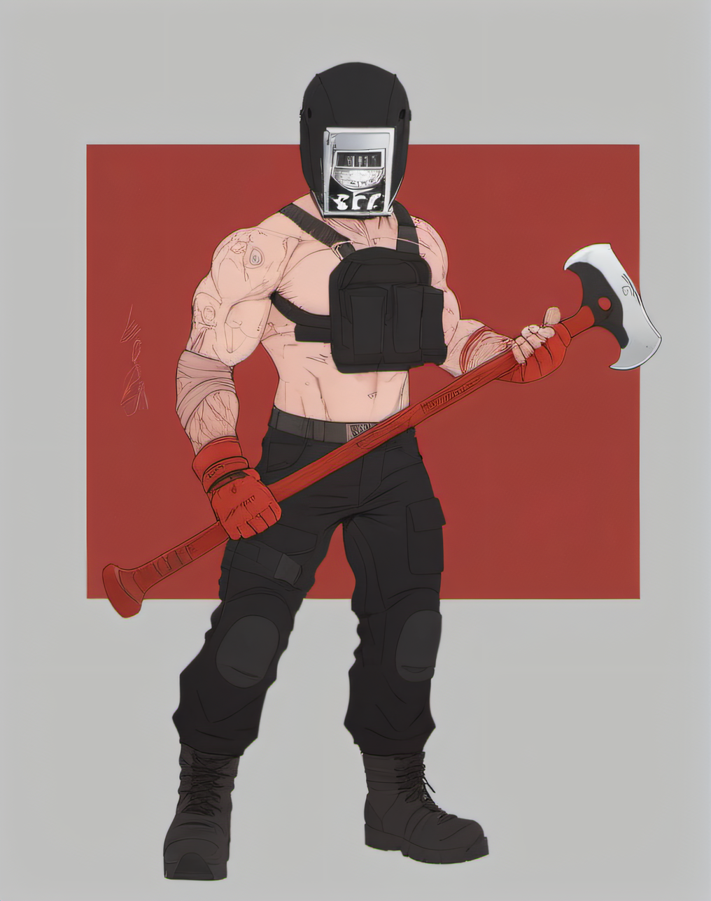 1boy,muscular,axe,solo,muscular,helmet, black helmet, red text <lora:tg:0.8>