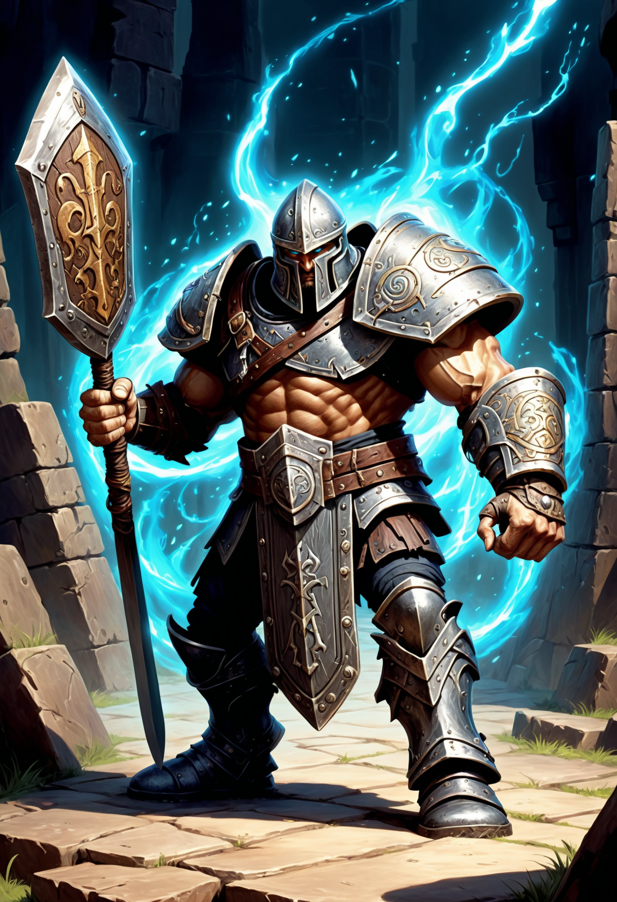 masterpiece illustration, detailed, hires, golem artificer, scimitar, enchanted shield banded mail, , spartan kick, magic rune trap, grim,preposterous,twisting