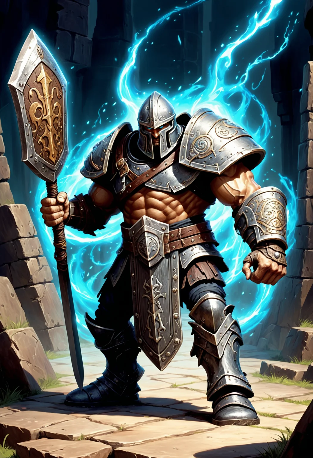 masterpiece illustration, detailed, hires, golem artificer, scimitar, enchanted shield banded mail, , spartan kick, magic rune trap, grim,preposterous,twisting
