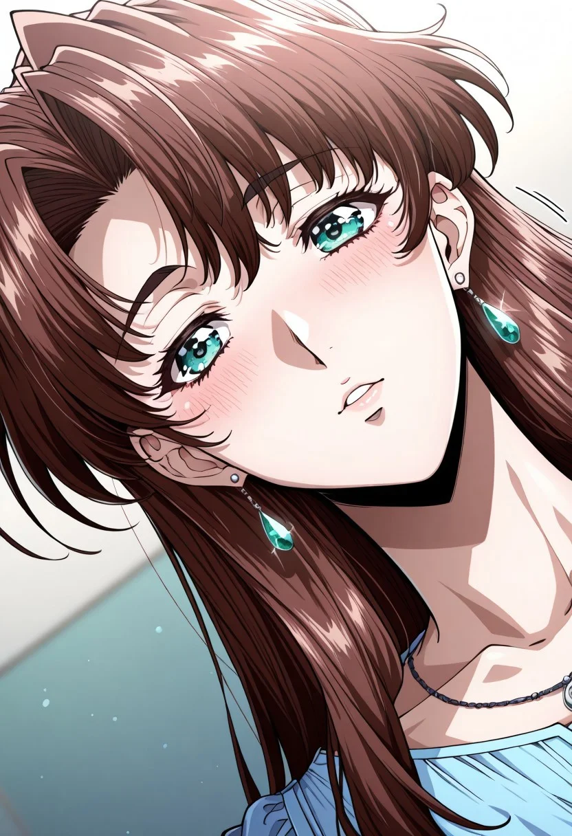 masterpiece, best quality, newest, highres, uncensored, 1girl, yokota mamoru style,1girl, slender face,motion lines,blush
Zeroshiki Makoto,Brown Hair, Long Hair, Parted in Middle,Teal Eyes,Pendant Earrings, Pendant Necklace
,slim,solo, open eyes, earrings, jewelry, long hair, blush, close-up,, dutch angle, portrait,full dressed