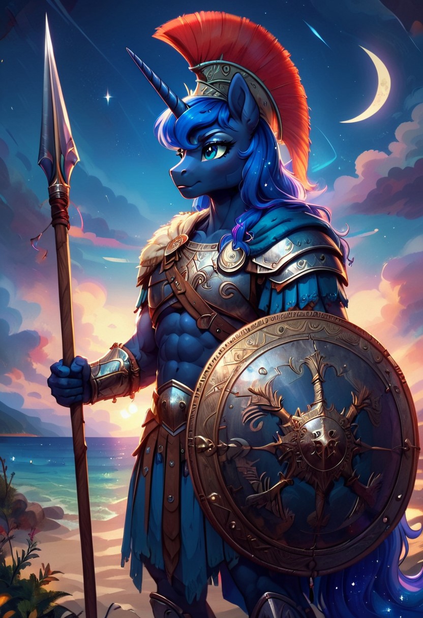 Princess Luna, anthro pony, solo, viking armor, holding spear, night, sea shore
