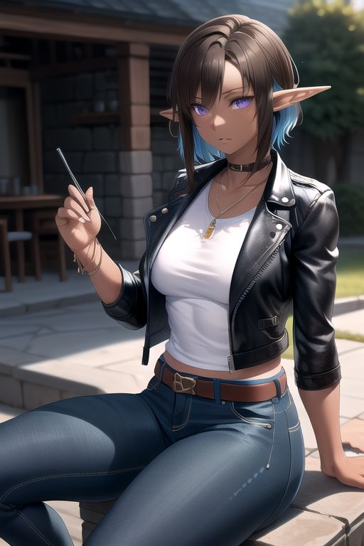 (masterpiece, intricate:1.3), (best quality, hires textures, high detail:1.2), (4k) skinny, fit, fit female, photographic, fine texture, medium breasts, good hands, best hands, brown hair, blue hair highlights, brown hair, blue highlights tomboy hair, dark-skinned female, elf ears, purple eyes, detailed eyes, 4k eyes, tomboy, jeans, leather jacket, sitting on a motorcycle
