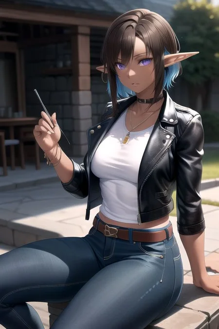 (masterpiece, intricate:1.3), (best quality, hires textures, high detail:1.2), (4k) skinny, fit, fit female, photographic, fine texture, medium breasts, good hands, best hands, brown hair, blue hair highlights, brown hair, blue highlights tomboy hair, dark-skinned female, elf ears, purple eyes, detailed eyes, 4k eyes, tomboy, jeans, leather jacket, sitting on a motorcycle