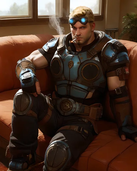 damon_baird, goggles, armor, long pants, (sitting down on sofa, living room, indoor, window), smoking, cigarette, blonde hair, goggles on head, looking at viewer, belt, muscular, cowboy shot, blue eyes, beard <lora:Damon_Baird_PonyXL-13_Test:0.9>, score_9, score_8_up, score_7_up,