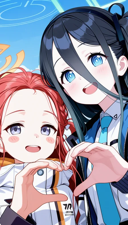 (masterpiece, best quality), amazing quality, very aesthetic, absurdres, highres, newest, HDR, 8K, anime style, chiaroscuro, impasto, intrinsic light, luster, shiny color, strong coloring, masterful shading,
yuzu \(blue archive\), side-to-side, heart hands duo, aris \(blue archive\), smile, round teeth, open mouth, blush stickers,