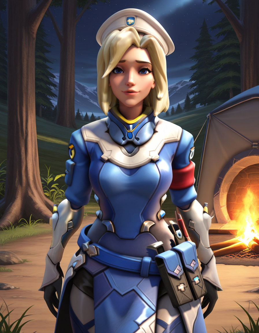 Masterpiece, high-res, 2k, best quality, 2.5d,  cowgirl shot,  combatmedic, mercy (overwatch), <lora:Combat_mercy_Illus-000043:1> on a camp