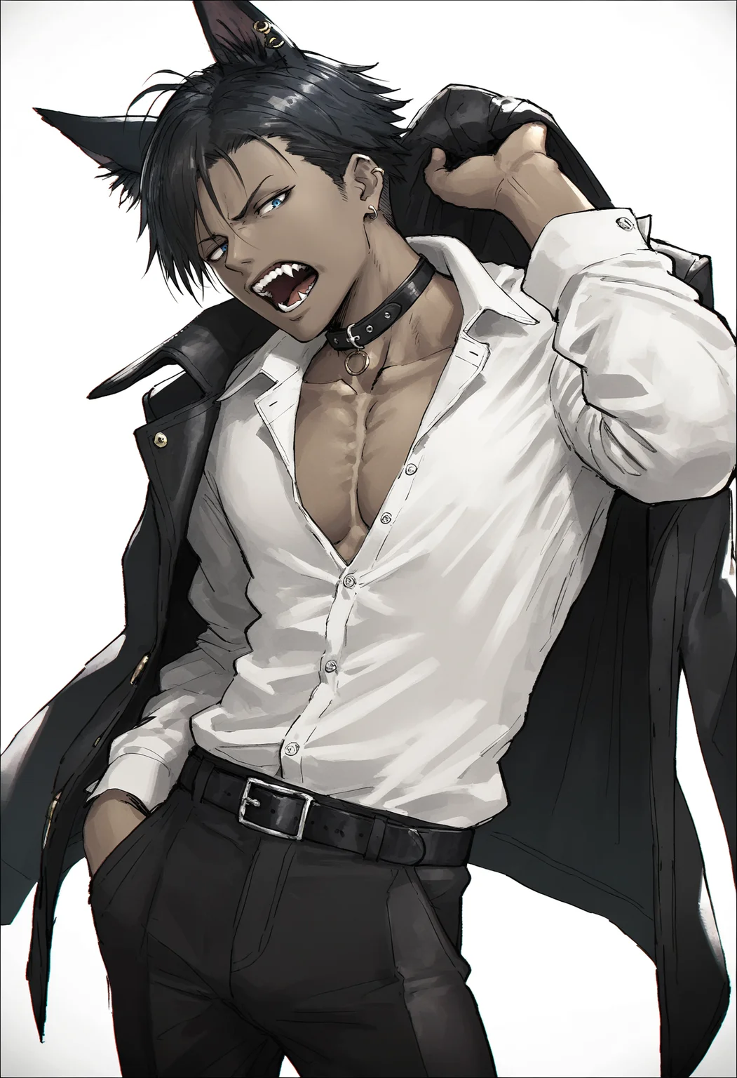 masterpiece,best quality, nnk, <lora:nnk_IllustriousXL_v1.0:0.7>, (k-suwabe:0.8), (dino_(dinoartforame):0.6), (starshadowmagic:0.6),
solo, looking at viewer, open mouth, bangs, blue eyes, simple background, shirt, black hair, long sleeves, 1boy, white background, animal ears, jewelry, jacket, white shirt, male focus, earrings, choker, belt, pants, dark skin, collar, fangs, black pants, dark-skinned male, pectorals