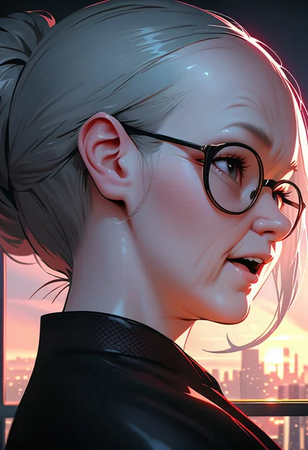(graphic novel style, dark novel style:1.5),(anime), (masterpiece:1.4), (soft cinematic light:1.1), incredibly lifelike, Extremely high-resolution details, 8k, best quality,extremely detailed, contrast,
high tech design,
 gallery of contemporary art, inside, a old woman walking against the backdrop of a giant floor-to-ceiling window, through which one can see a city landscape with skyscrapers and a sunset ,fullbody, open mouth, ((elderly)) woman in a ((black long dress)) and black high-heeled shoes, elderly, old woman, [Nordic], Hourglass elongated body, Oval Face, Long neck, Rounded shoulders, long slim thin arms, Attached Pointed ears, round forehead, (gray Updo short combed back hair), snub nose, Arched eyebrows, Monolid black Eyes, High Round Narrow cheekbones, Hollow Cheeks, Rounded Chin, Rounded Jawline, thin Lips, (black eyes), (square glasses), Wrinkles and Fine Lines, a large white canvas at the wall,
